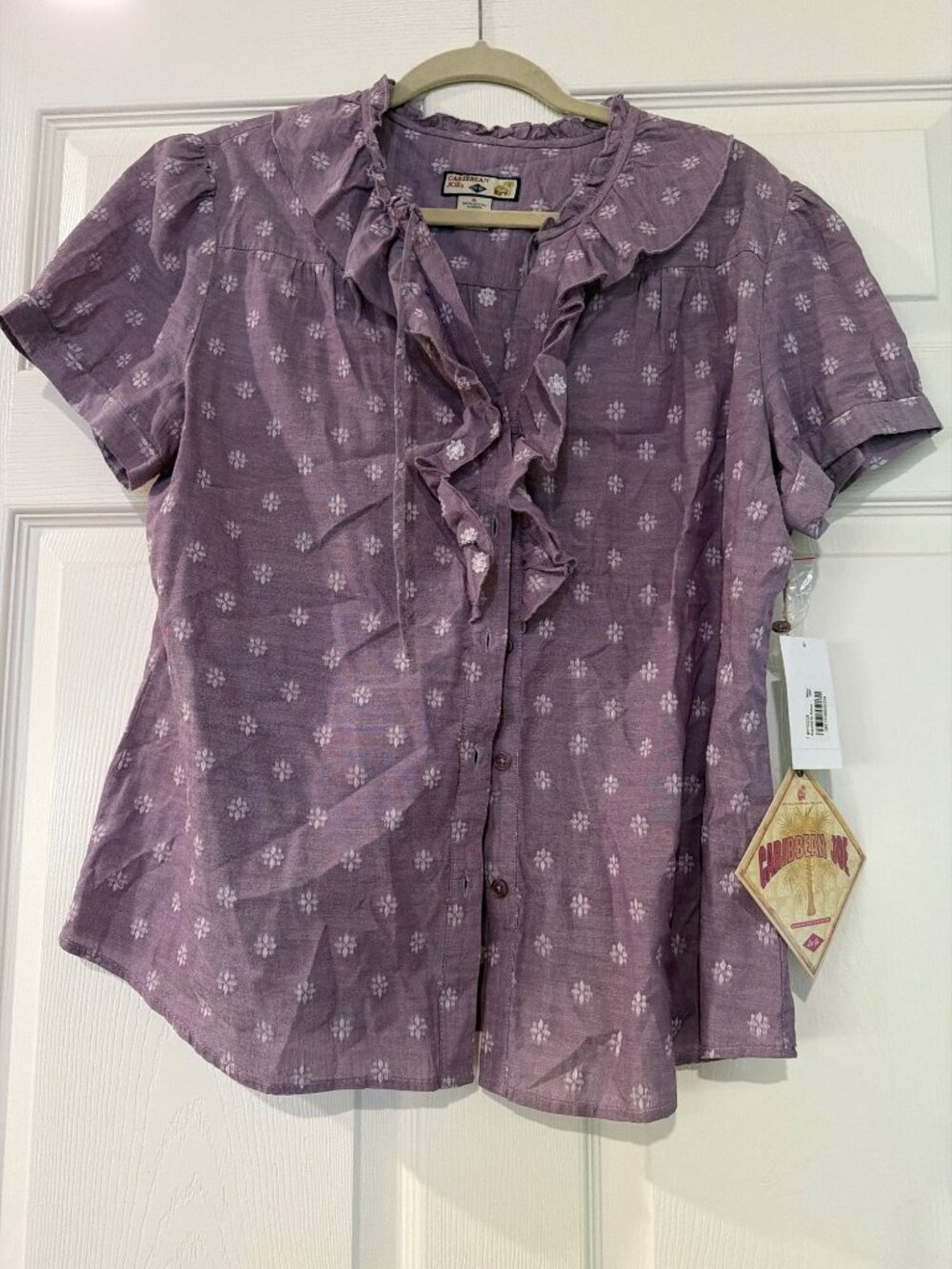 Caribbean Joe Womens Purple Short Sleeve Ruffle Button-Down Shirt XL 100% Cotton